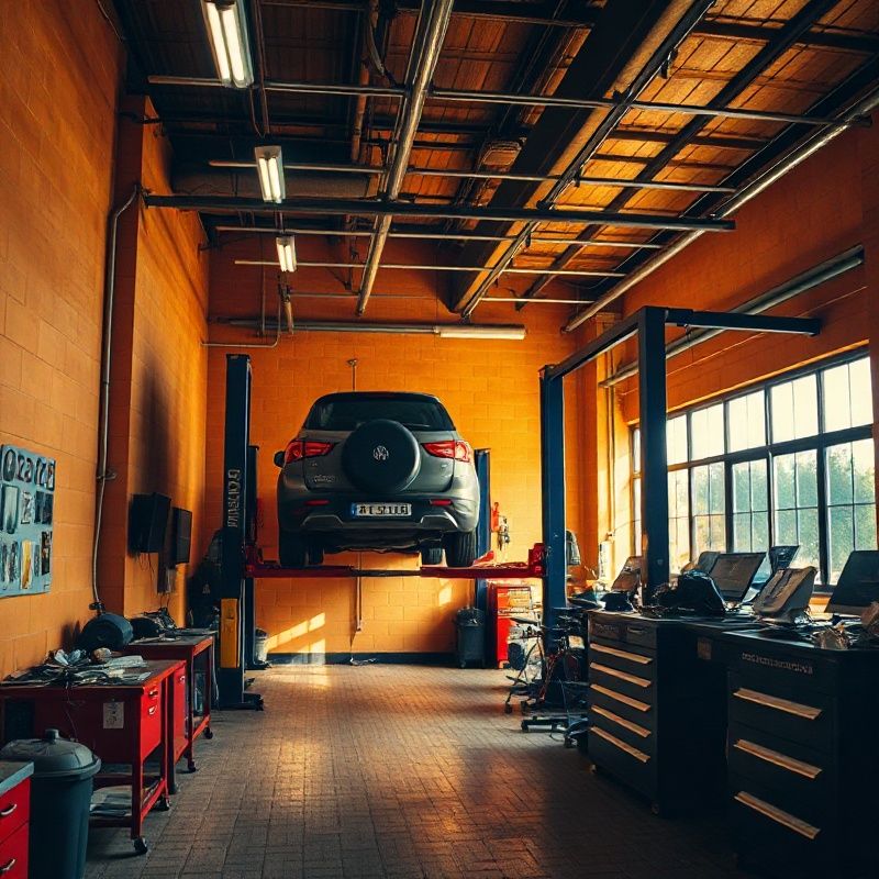 Craftfieldk workshop interior with warm terracotta walls and a vehicle on a ramp