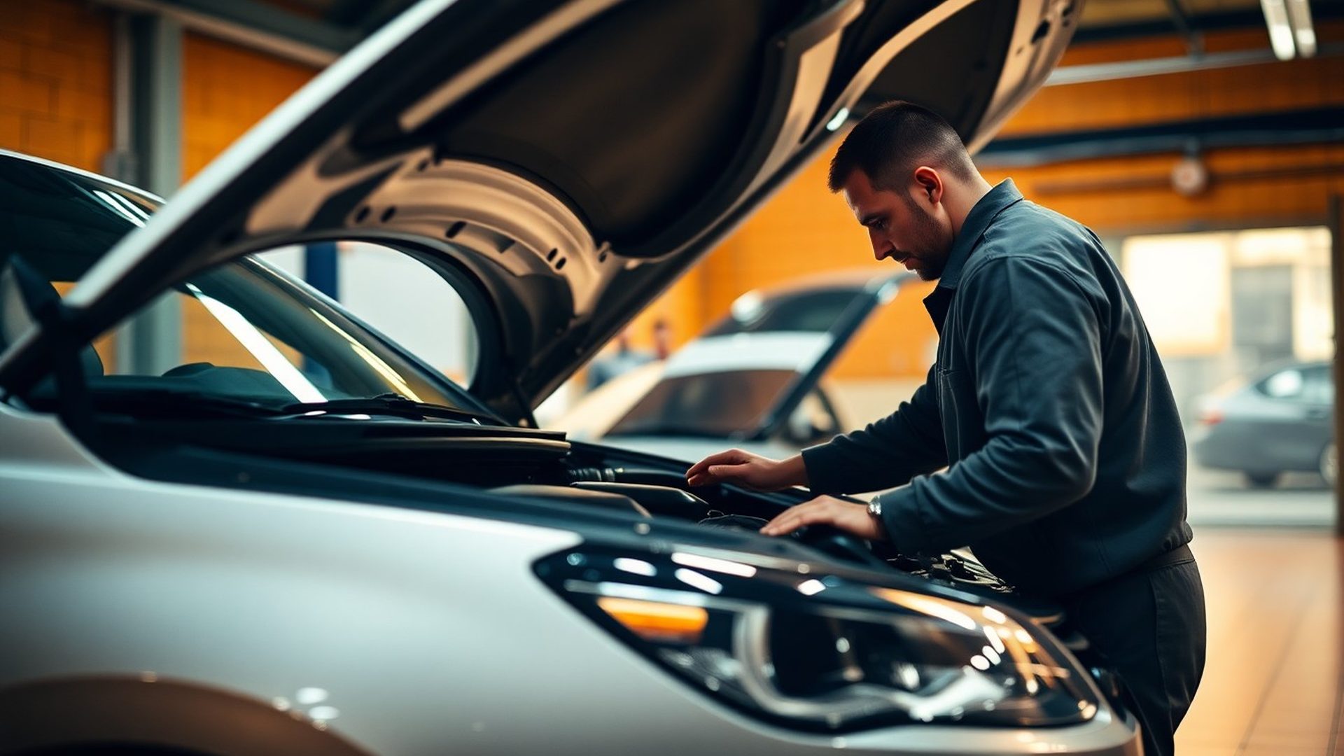 Craftfieldk technician inspecting an engine bay in the Madrid workshop