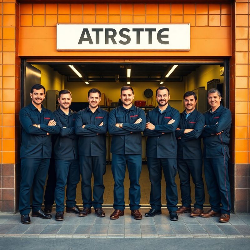 Group portrait of the Craftfieldk technician team in front of the Madrid workshop